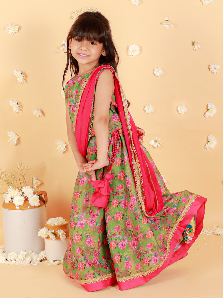 Girl's Floral Print Choli With Back Open & Umbrella Ghaghra With Chiffon Drape Dupatta & Latkan-Mehendi Green