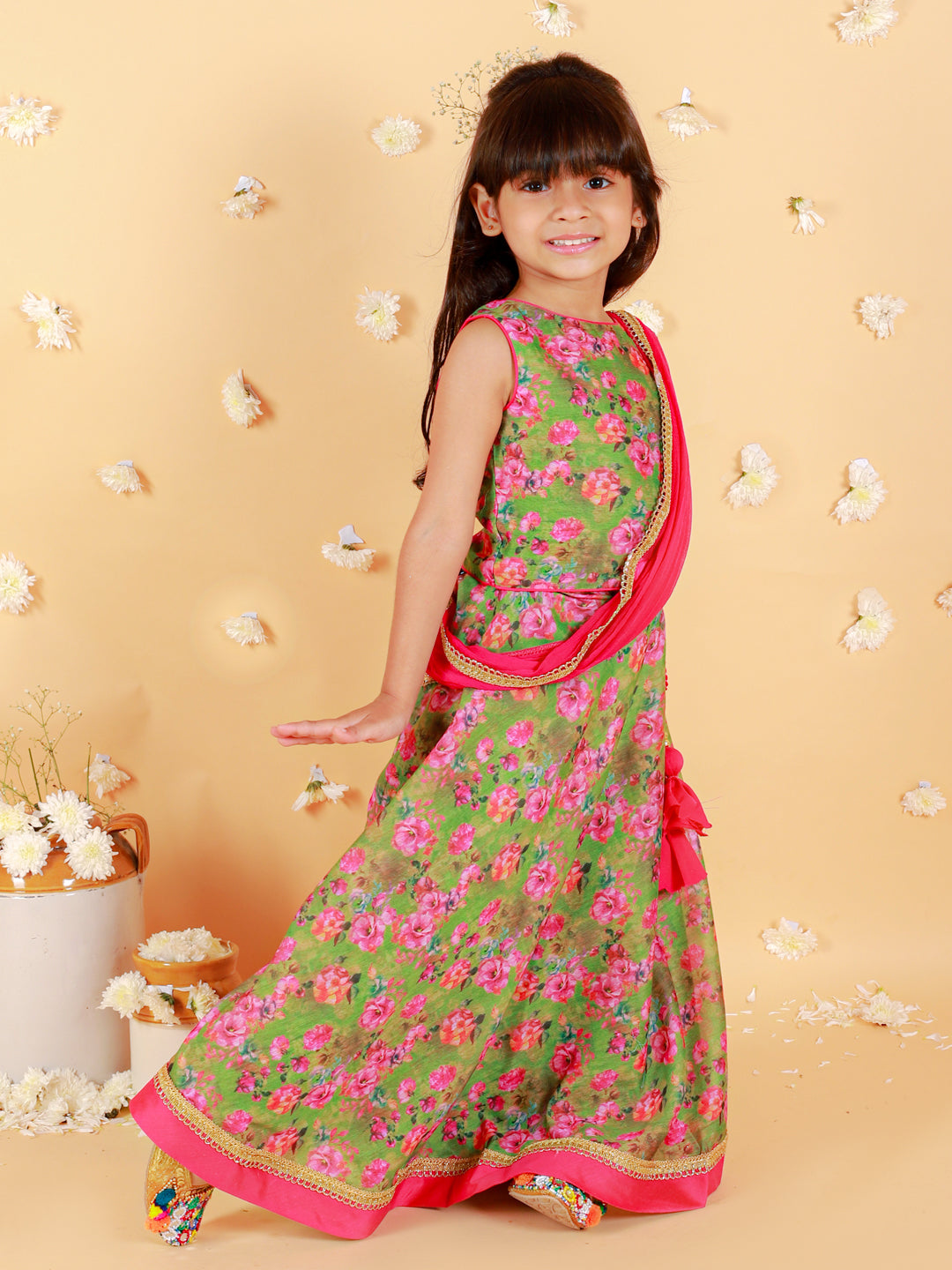 Girl's Floral Print Choli With Back Open & Umbrella Ghaghra With Chiffon Drape Dupatta & Latkan-Mehendi Green - Lil Peacock