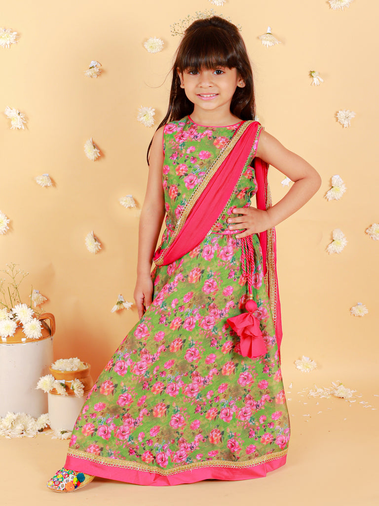 Girl's Floral Print Choli With Back Open & Umbrella Ghaghra With Chiffon Drape Dupatta & Latkan-Mehendi Green