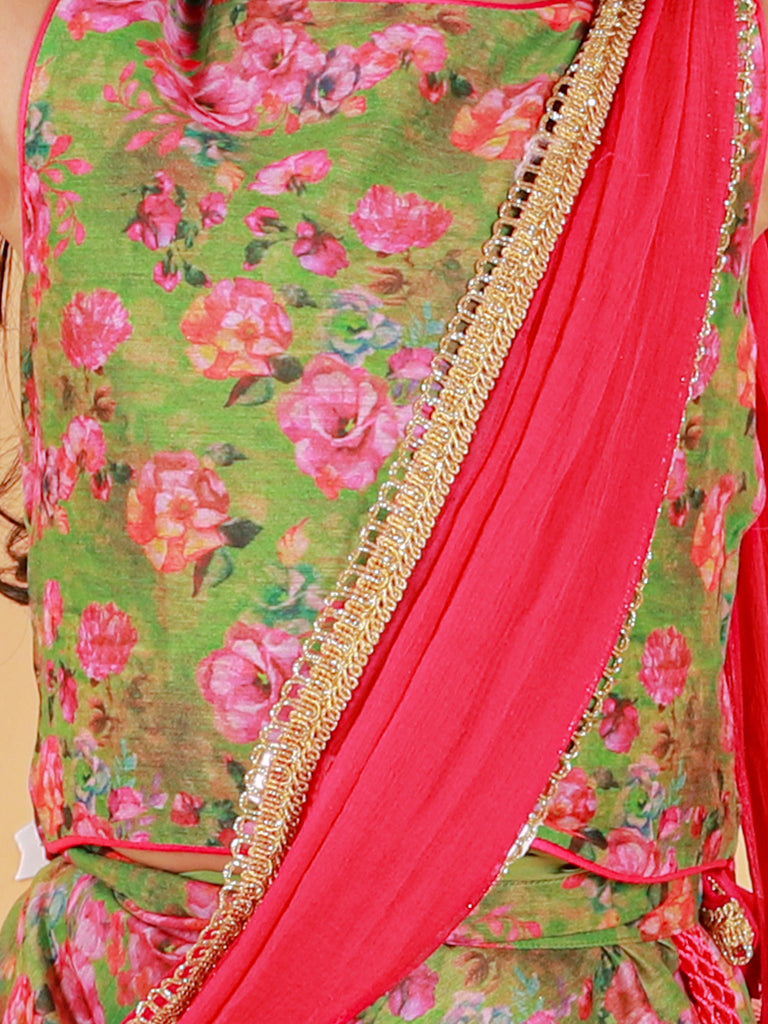 Girl's Floral Print Choli With Back Open & Umbrella Ghaghra With Chiffon Drape Dupatta & Latkan-Mehendi Green