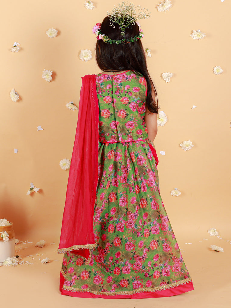 Girl's Floral Print Choli With Back Open & Umbrella Ghaghra With Chiffon Drape Dupatta & Latkan-Mehendi Green