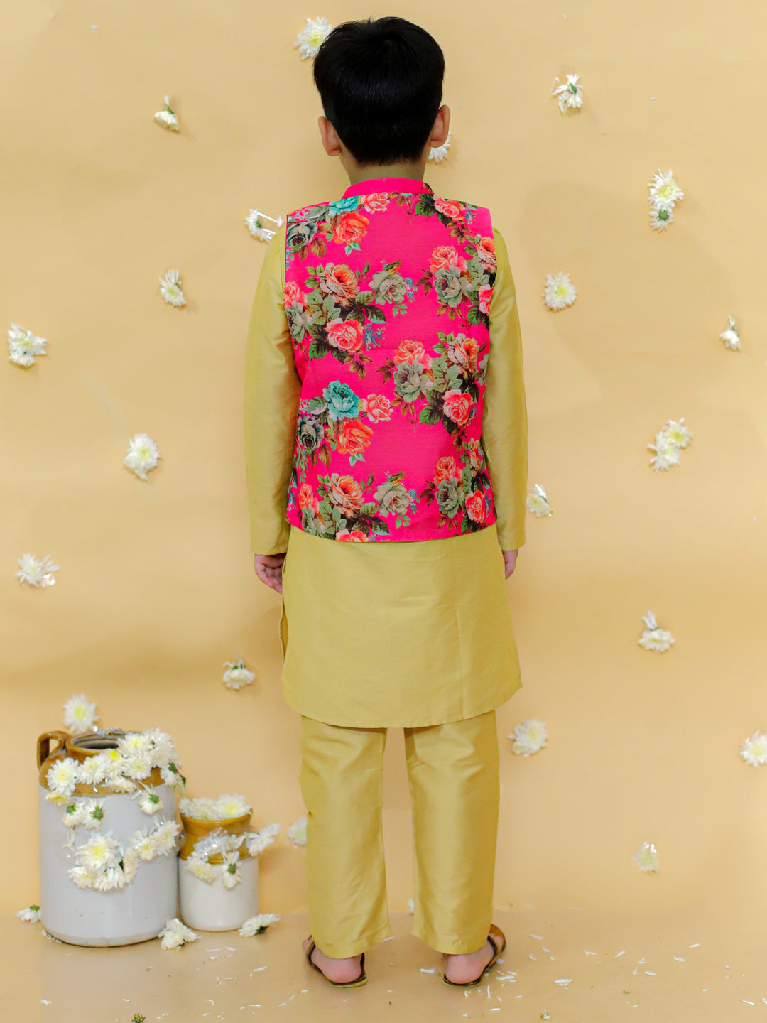 Boy's cotton silk kurta pyjama set with digital floral print jacket- Gold - Lil Peacock