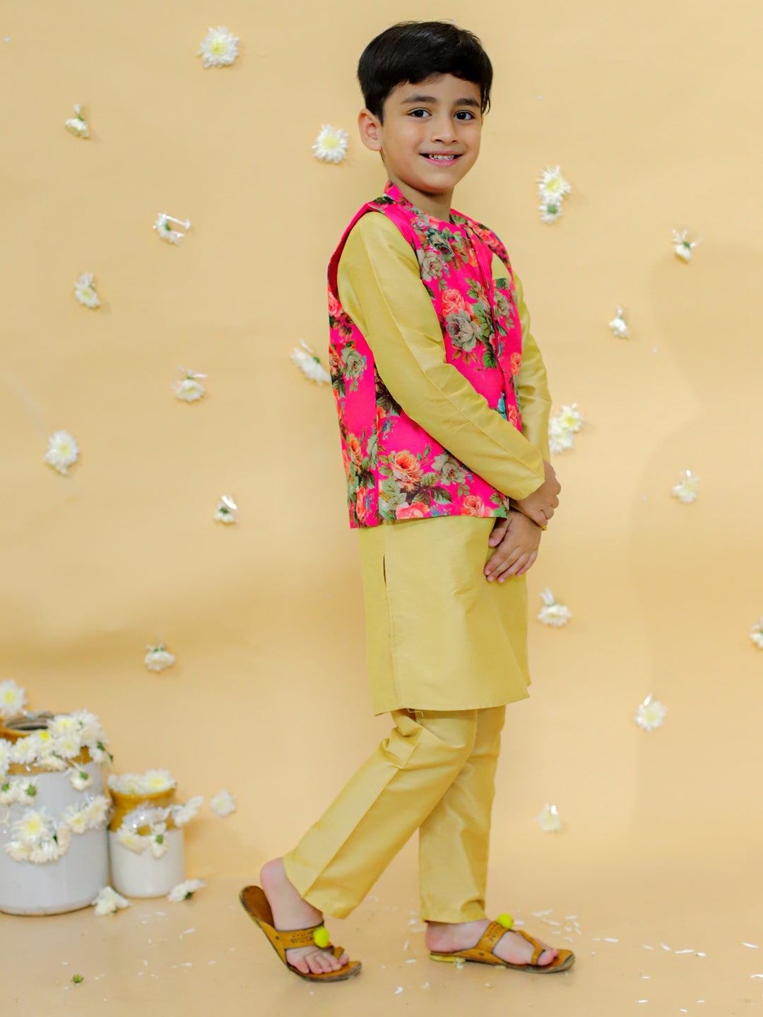Boy's cotton silk kurta pyjama set with digital floral print jacket- Gold - Lil Peacock