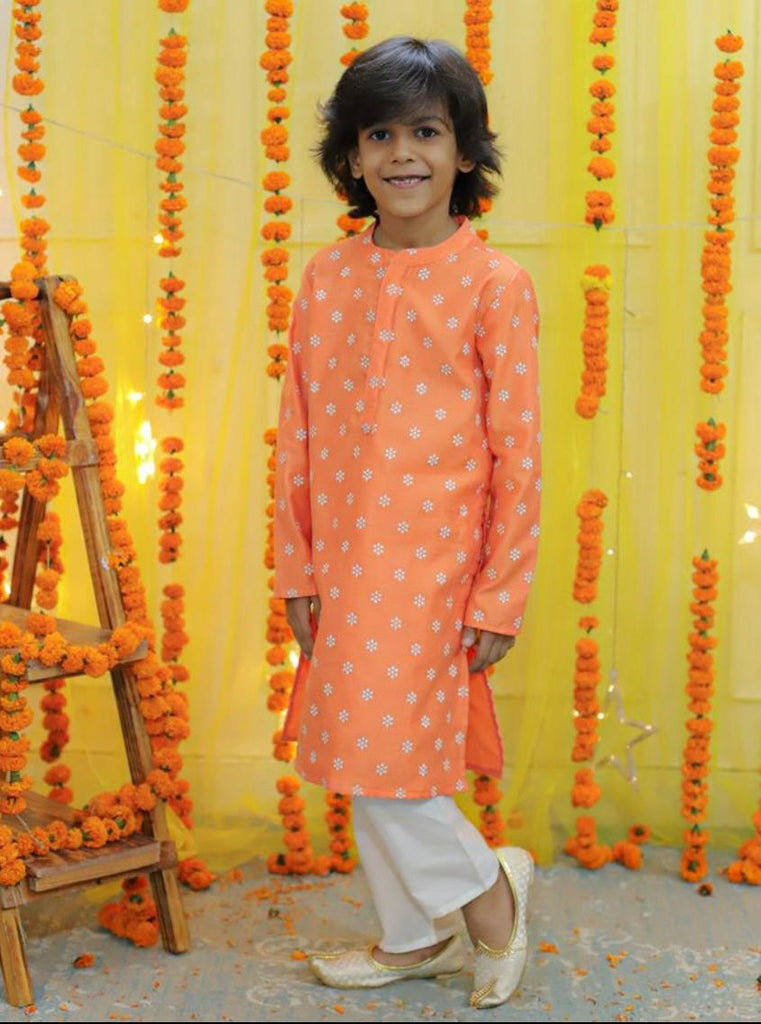 Boy's chanderi block print with glitter kurta with pyjama set-Peach