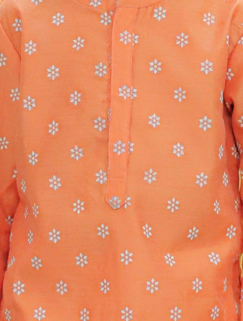 Boy's chanderi block print with glitter kurta with pyjama set-Peach