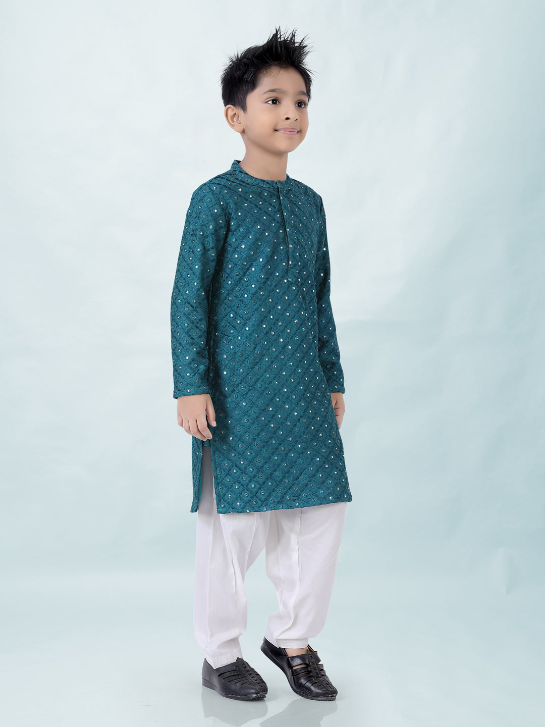 Boy's Embroidered Faux Mirror Kurta With Pyjama Set- Peacock Green - Lil Peacock