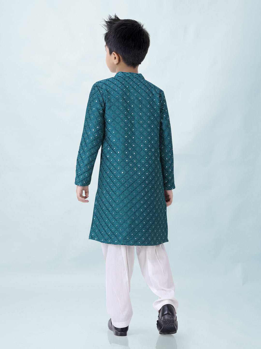 Boy's Embroidered Faux Mirror Kurta With Pyjama Set- Peacock Green - Lil Peacock