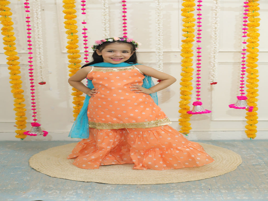 Girl's spagetti short kurti with sharara & sequins dupatta-Peach