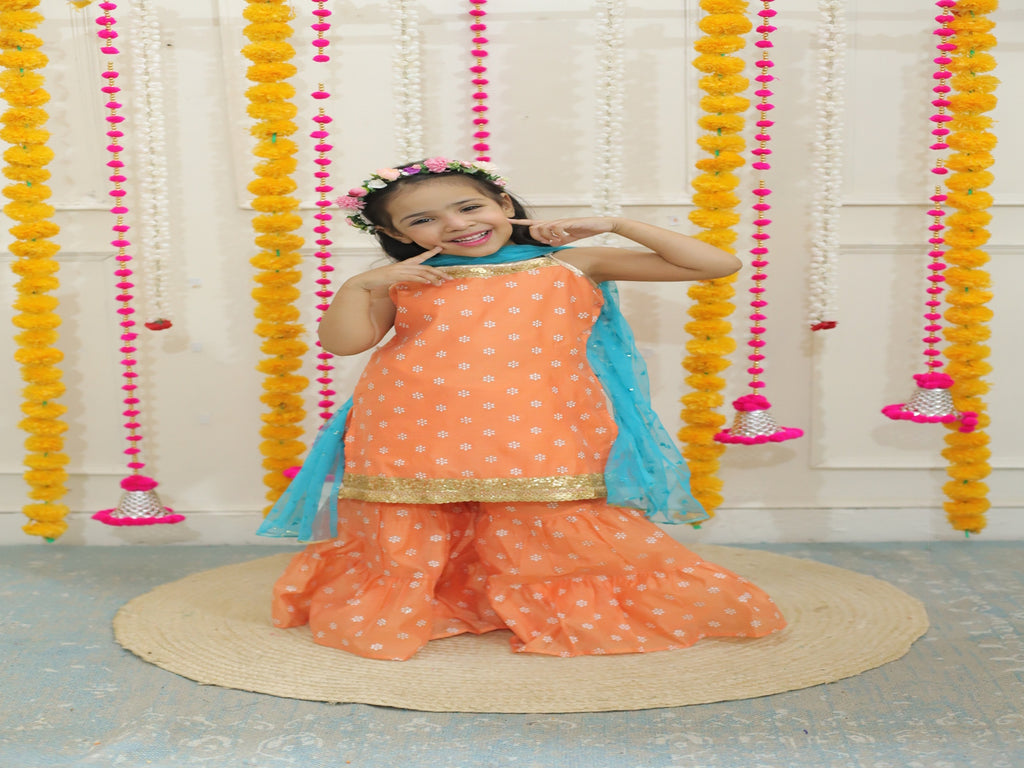 Girl's spagetti short kurti with sharara & sequins dupatta-Peach