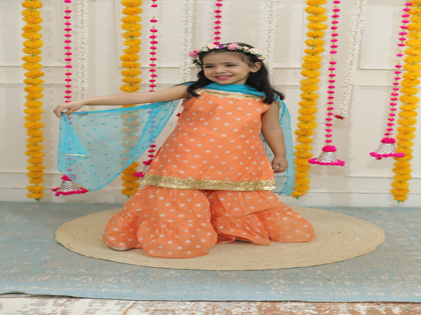 Girl's spagetti short kurti with sharara & sequins dupatta-Peach - Lil Peacock