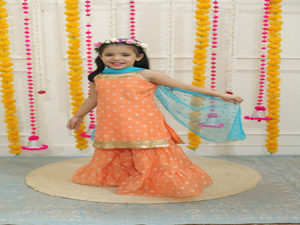 Girl's spagetti short kurti with sharara & sequins dupatta-Peach