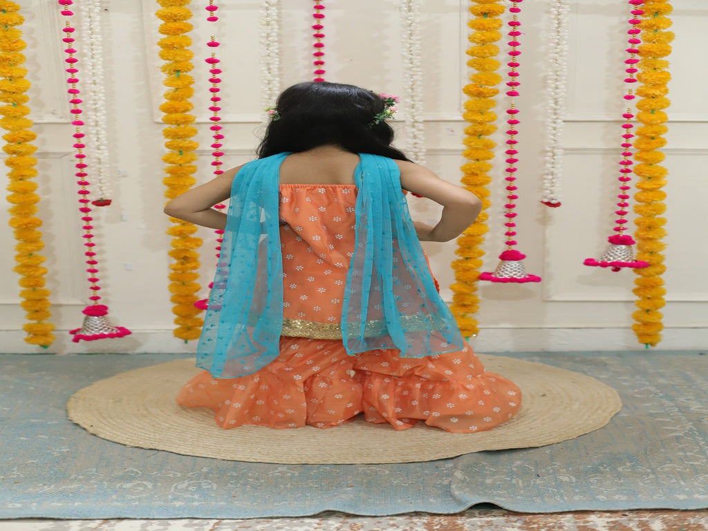 Girl's spagetti short kurti with sharara & sequins dupatta-Peach