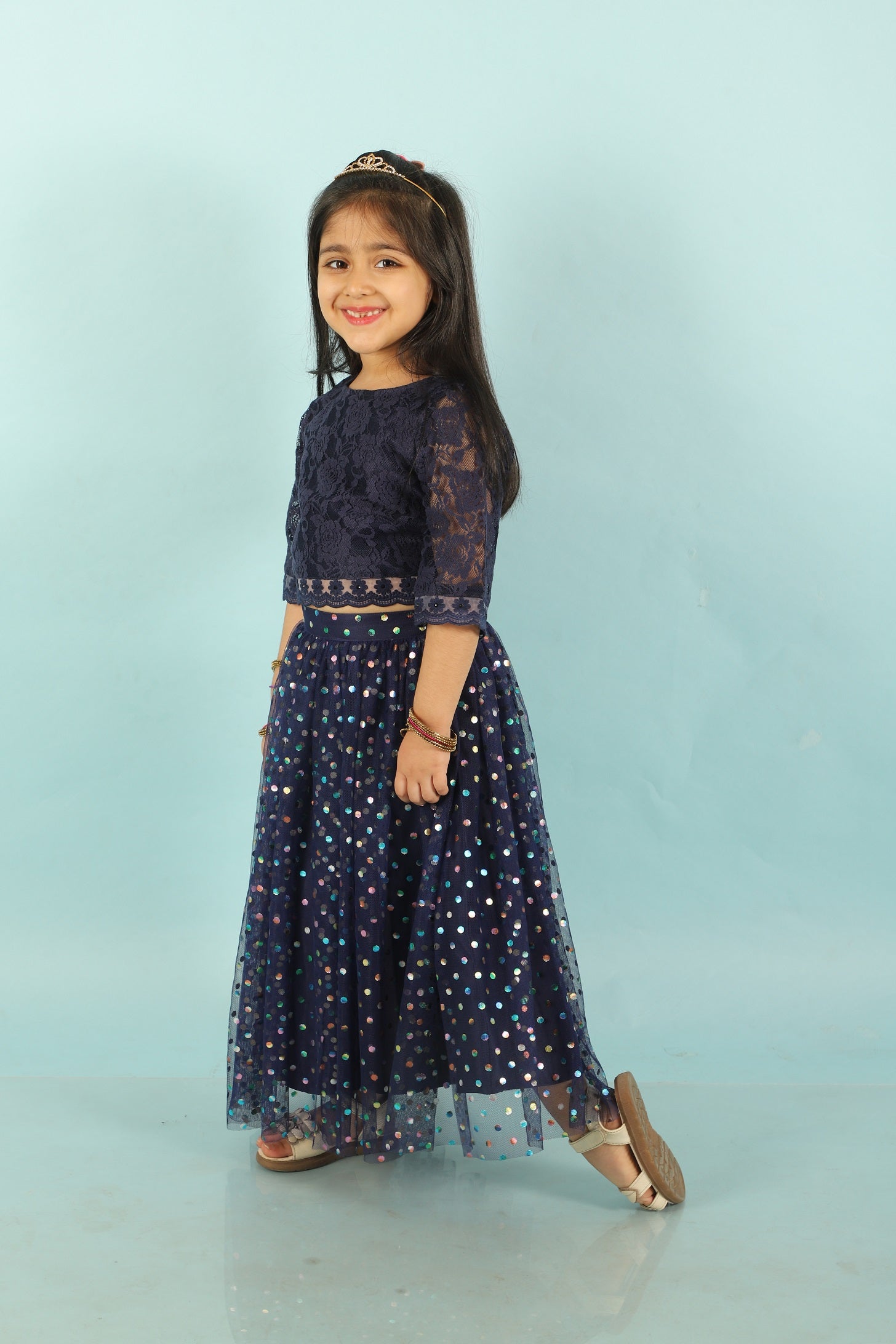 Girl's Lace Top With Organzar Embroidered Lace Details, Mesh With Rainbow Foil Print-Navy - Lil Peacock