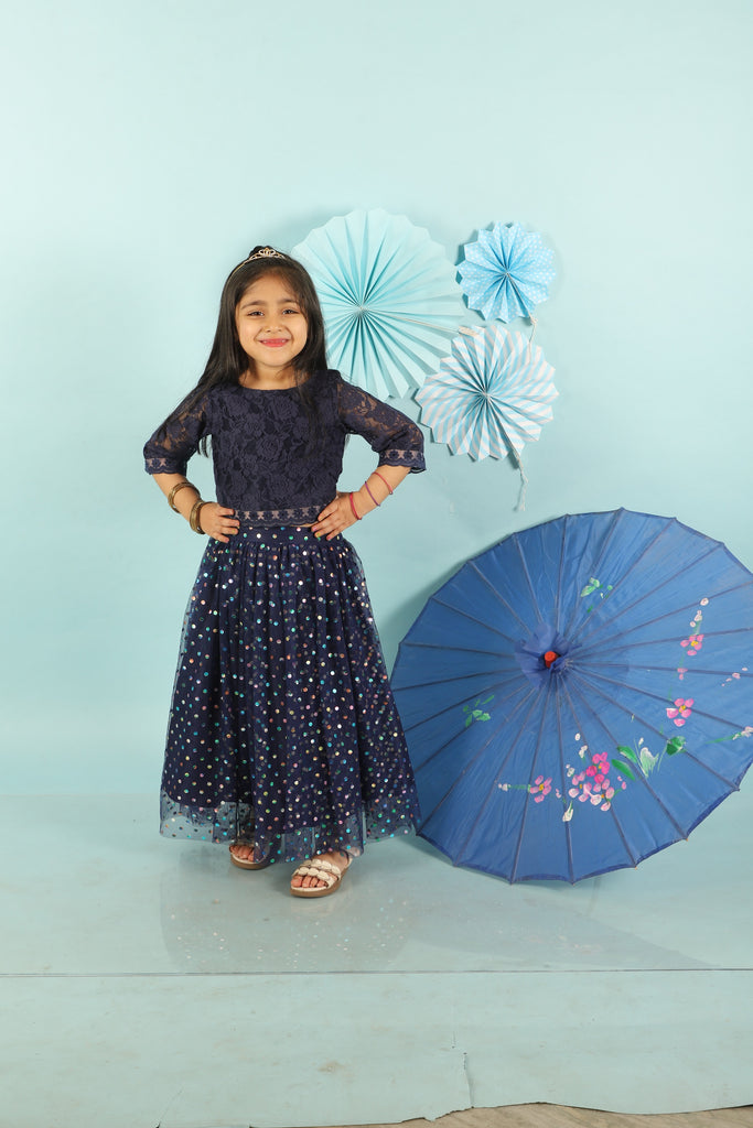 Girl's Lace Top With Organzar Embroidered Lace Details, Mesh With Rainbow Foil Print-Navy