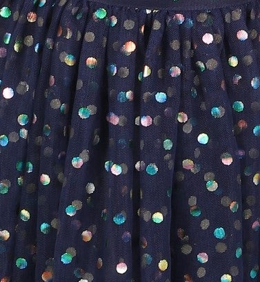 Girl's Lace Top With Organzar Embroidered Lace Details, Mesh With Rainbow Foil Print-Navy