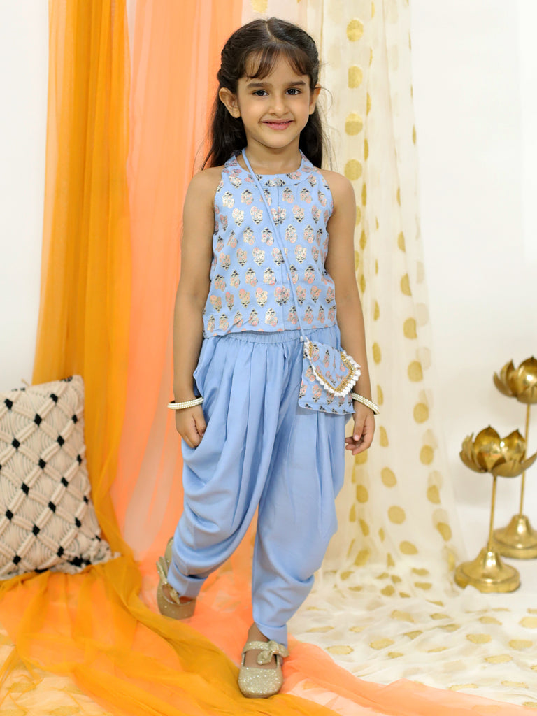 Girl's Block Print Halter Neck Top With Potli Buttons & Sling Bag , Fusion Dhoti-Powder Blue