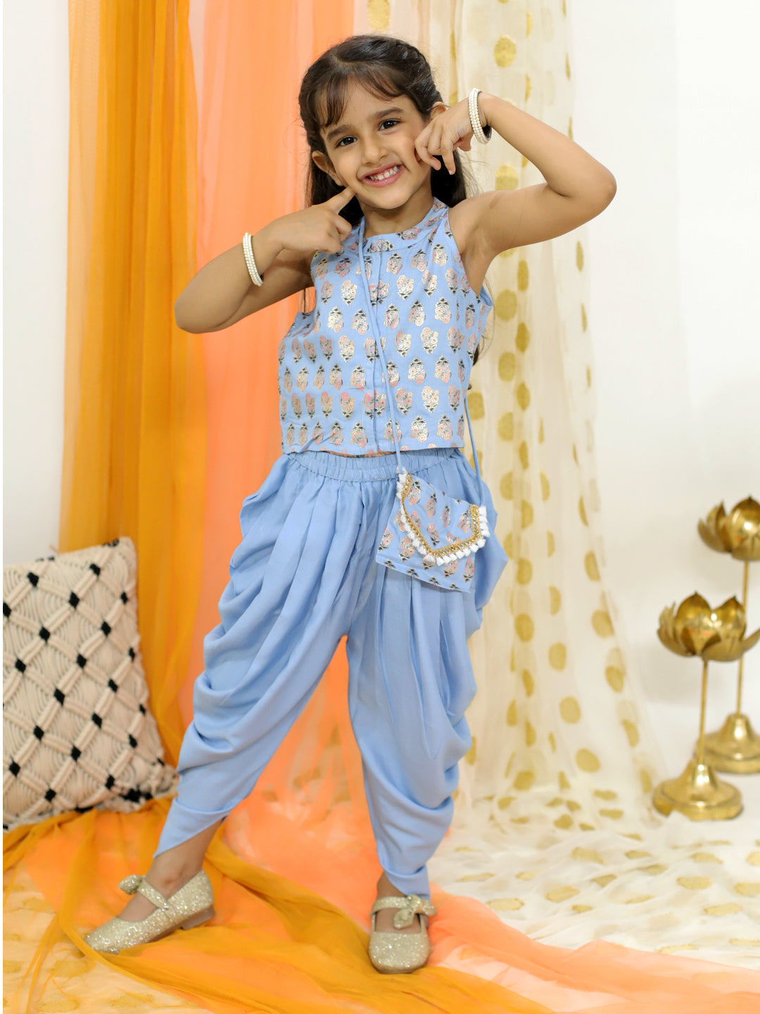 Girl's Block Print Halter Neck Top With Potli Buttons & Sling Bag , Fusion Dhoti-Powder Blue - Lil Peacock