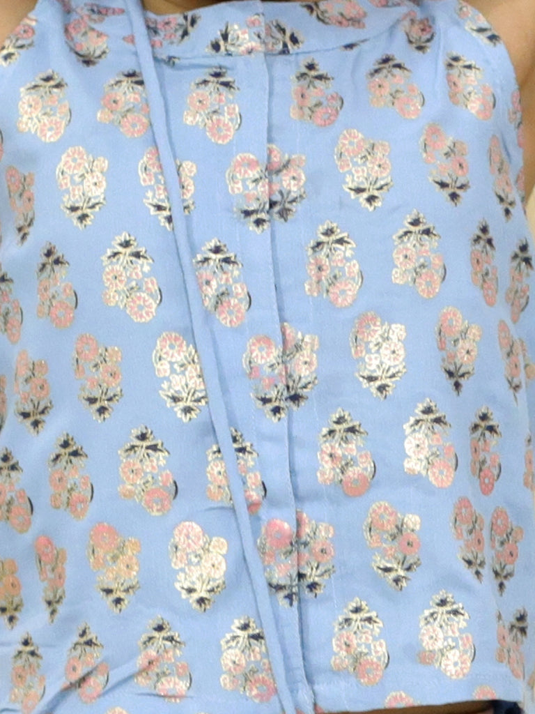 Girl's Block Print Halter Neck Top With Potli Buttons & Sling Bag , Fusion Dhoti-Powder Blue