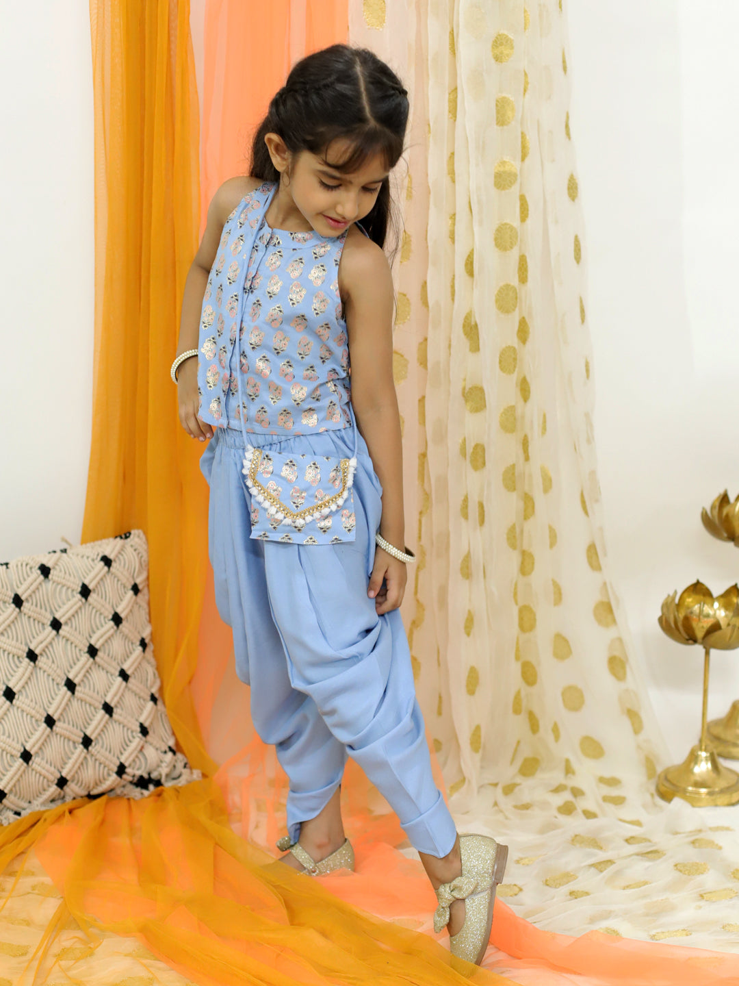 Girl's Block Print Halter Neck Top With Potli Buttons & Sling Bag , Fusion Dhoti-Powder Blue - Lil Peacock