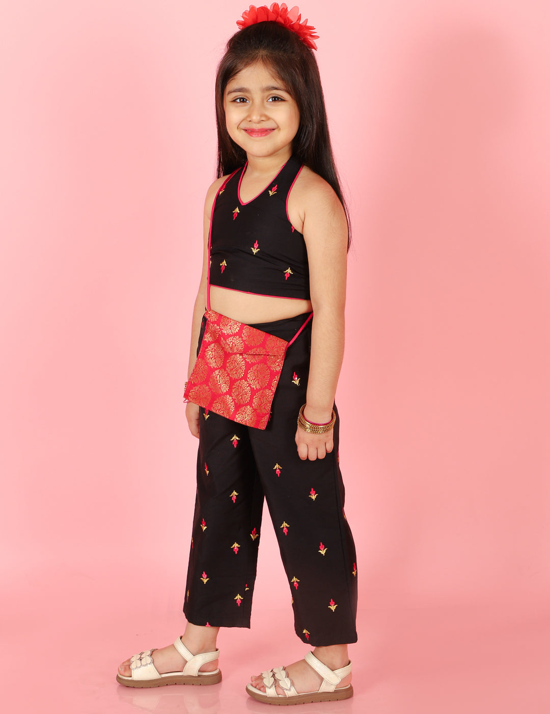Girl's Halter Neck Smock Top With Elasticated Embrodiered Palazzo & Brocade Sling Bag-Black - Lil Peacock