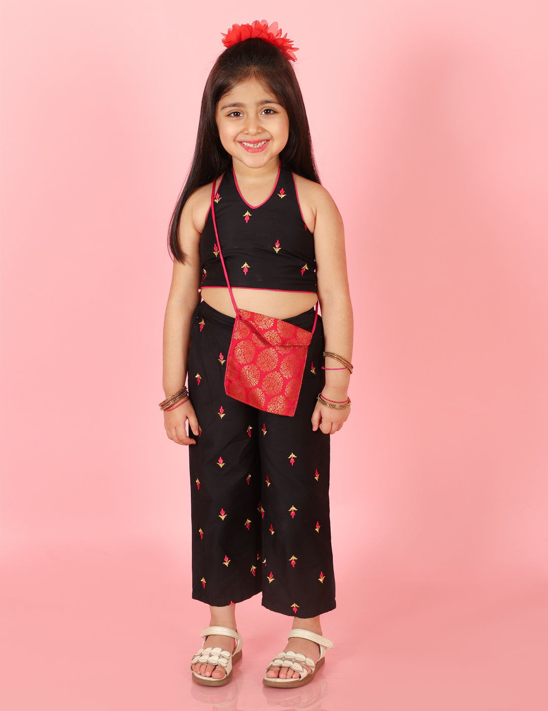 Girl's Halter Neck Smock Top With Elasticated Embrodiered Palazzo & Brocade Sling Bag-Black - Lil Peacock