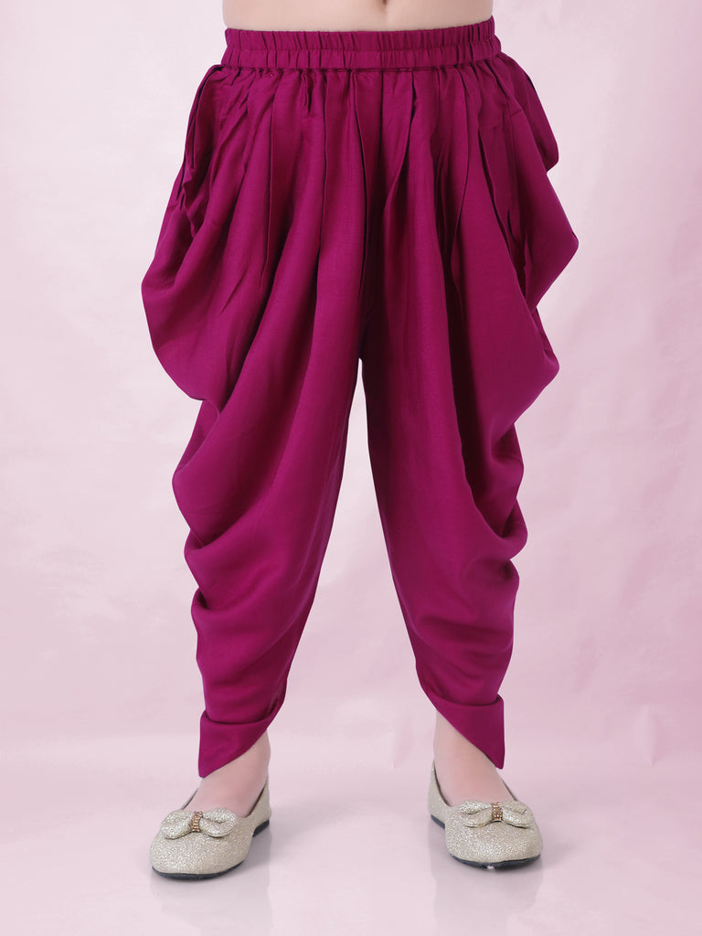 Girl's Block Print Halter Neck Top With Potli Buttons & Sling Bag , Fusion Dhoti-Magenta