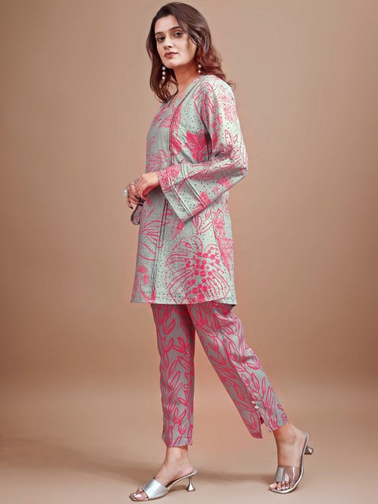 Women's Grey & Rose Pink Cotton Blend Printed Co-Ord Set
