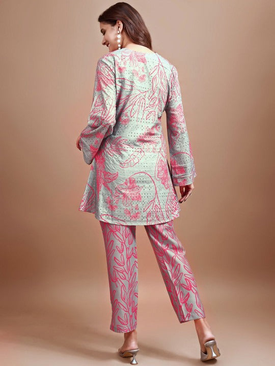 Women's Grey & Rose Pink Cotton Blend Printed Co-Ord Set