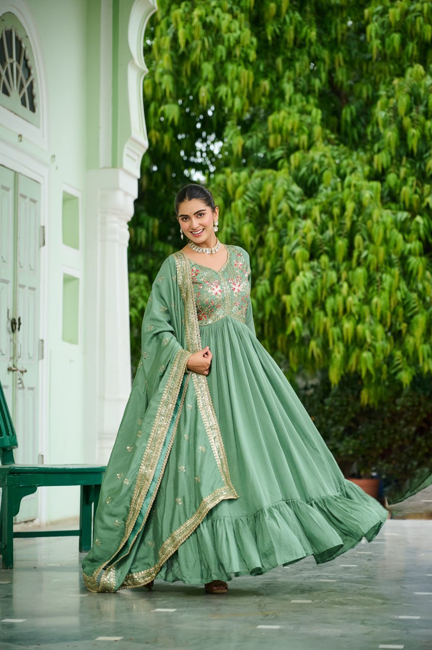 Women's Pista Green Vichitra Silk Rich Embroidered Zari & Thread Work Gown Set Green / L | Trendia Global Women's Pista Green Vichitra Silk Rich Embroidered Zari & Thread Work Gown Set Green / L | Trendia Global