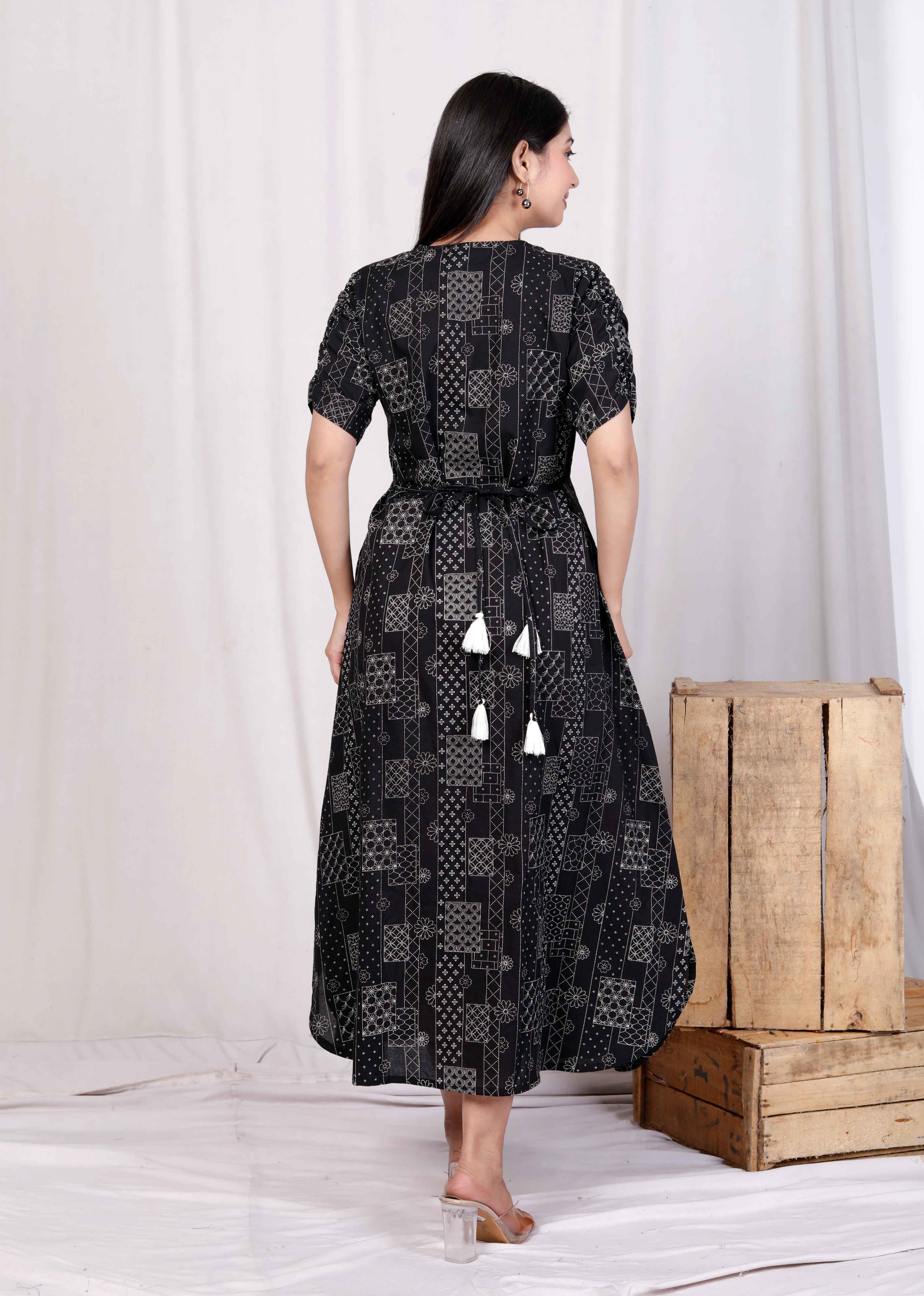 Women's Cotton Black Floral Printed Front Button A-Line Midi Dress Trendia Women's Cotton Black Floral Printed Front Button A-Line Midi Dress Trendia