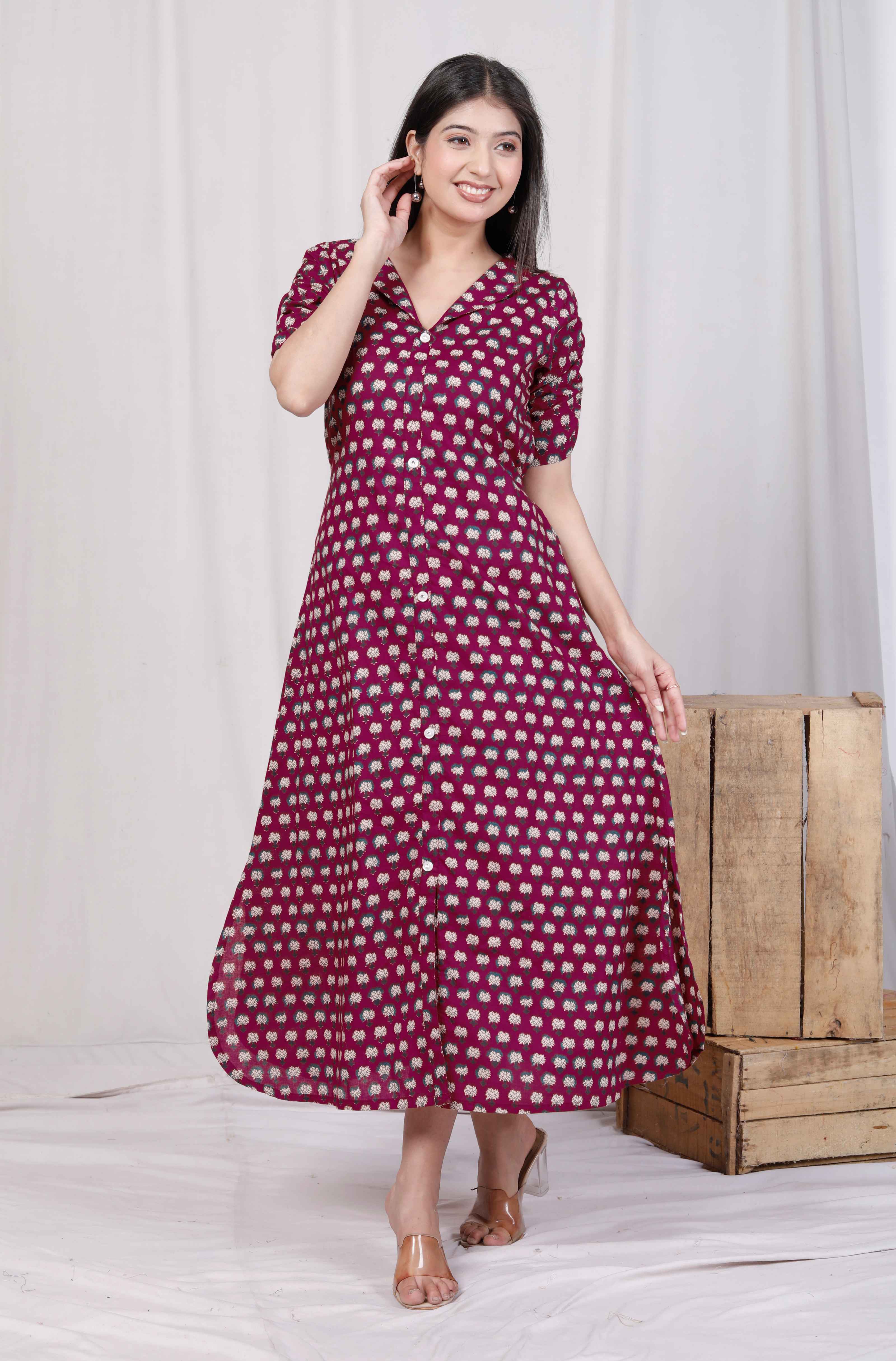 Women's Relaxed Fit Red Floral Printed A-Line Cotton Midi Dress Trendia Women's Relaxed Fit Red Floral Printed A-Line Cotton Midi Dress Trendia