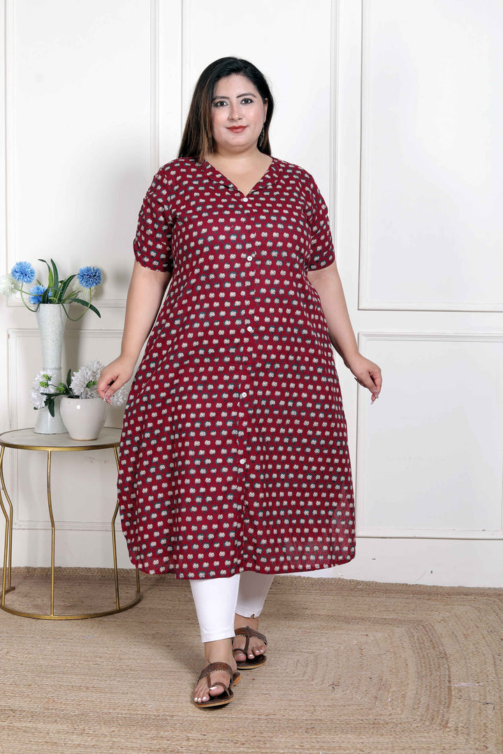 Women's Plus Size Relaxed Fit Red Floral Printed A-Line Pure Cotton Kurta