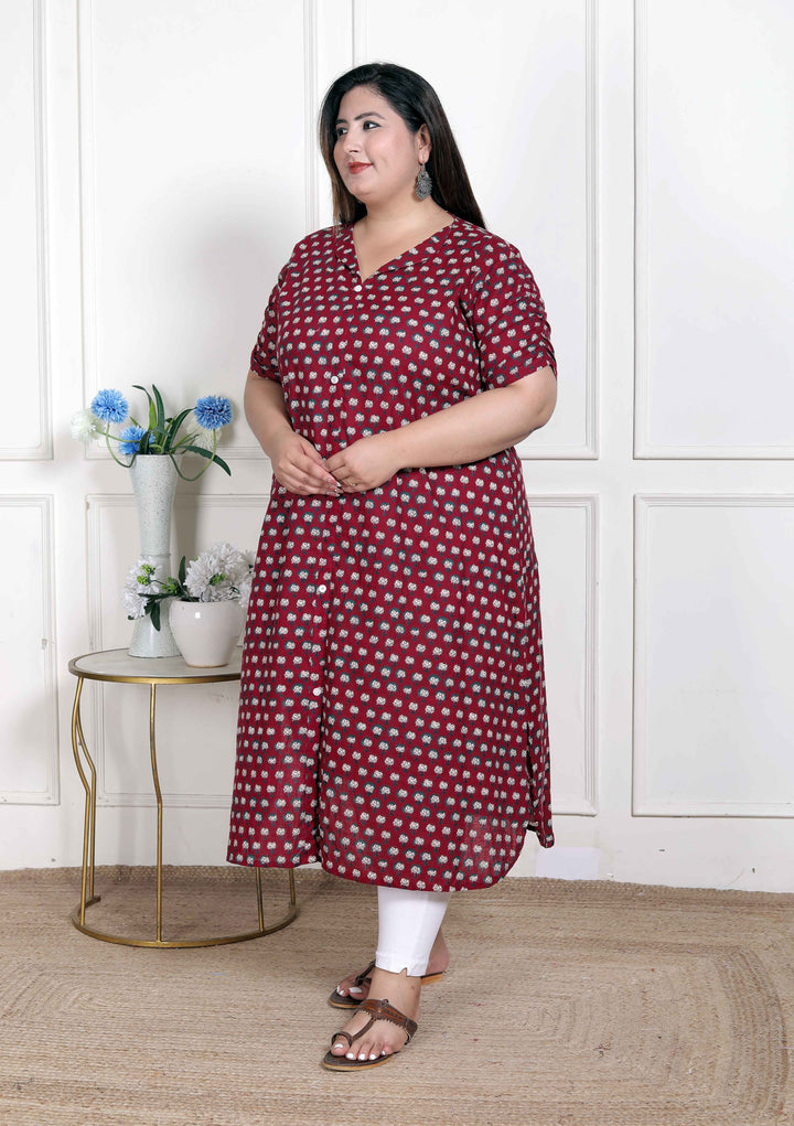 Women's Plus Size Relaxed Fit Red Floral Printed A-Line Pure Cotton Kurta