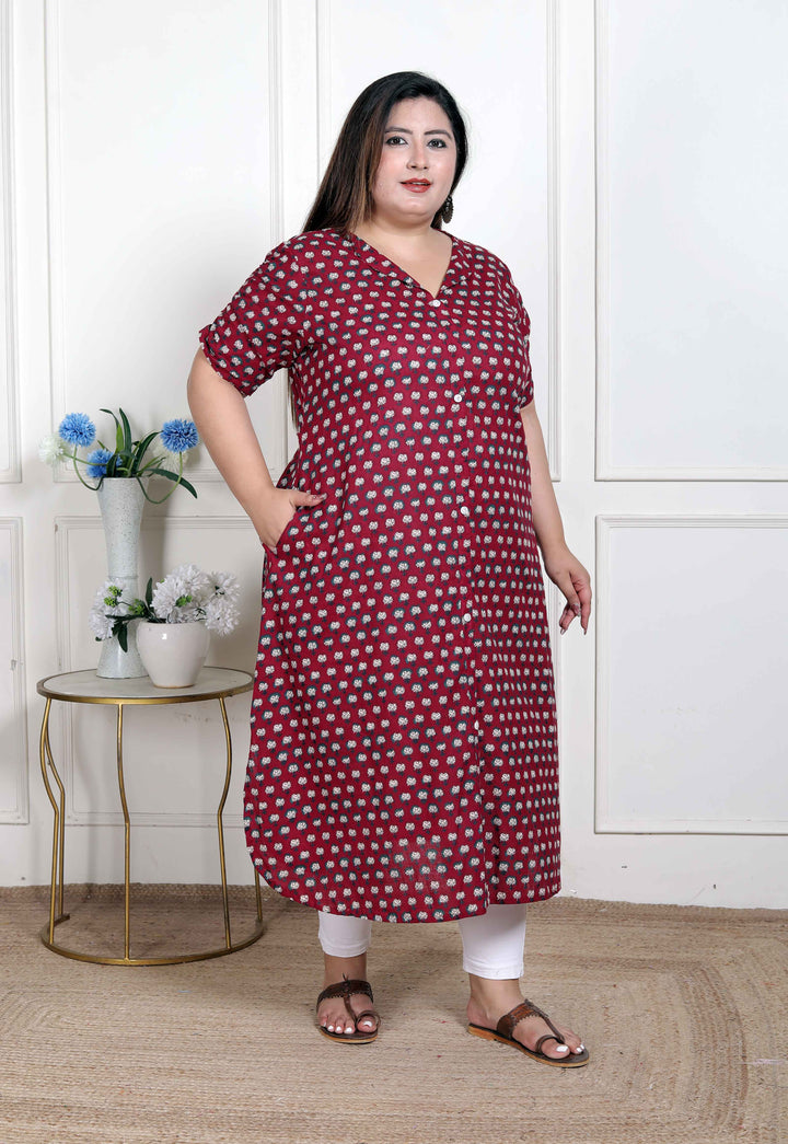Women's Plus Size Relaxed Fit Red Floral Printed A-Line Pure Cotton Kurta