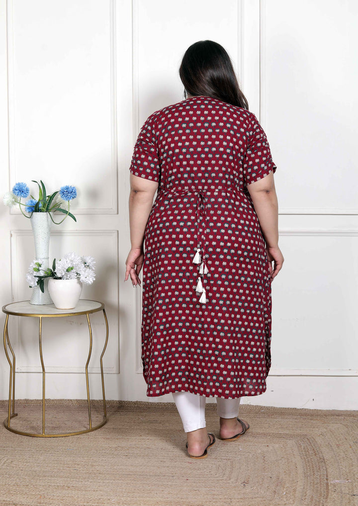 Women's Plus Size Relaxed Fit Red Floral Printed A-Line Pure Cotton Kurta
