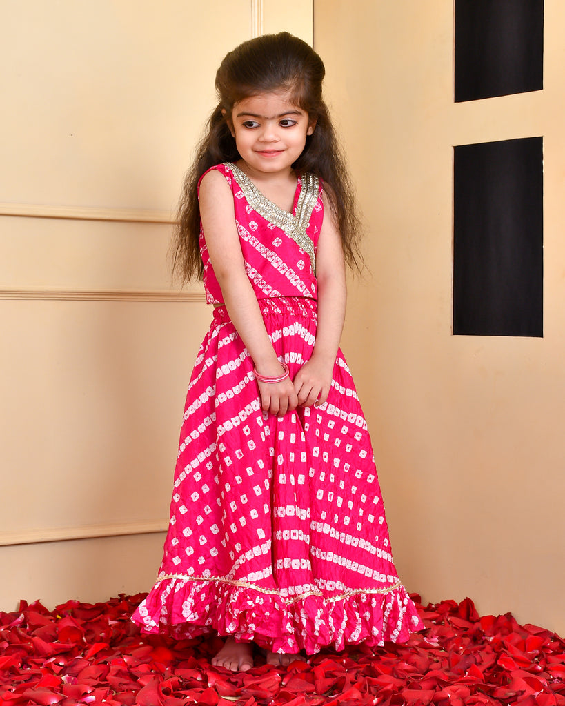 Girls's Pink Bandhani Lehenga Top Set