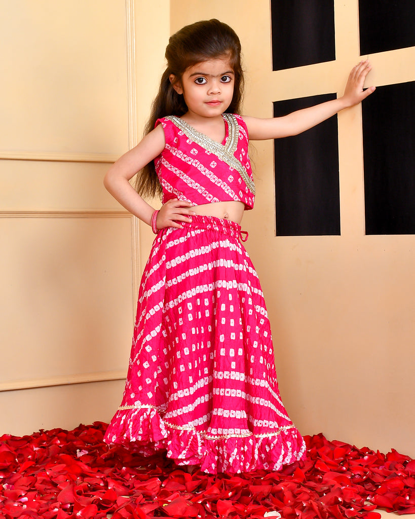 Girls's Pink Bandhani Lehenga Top Set