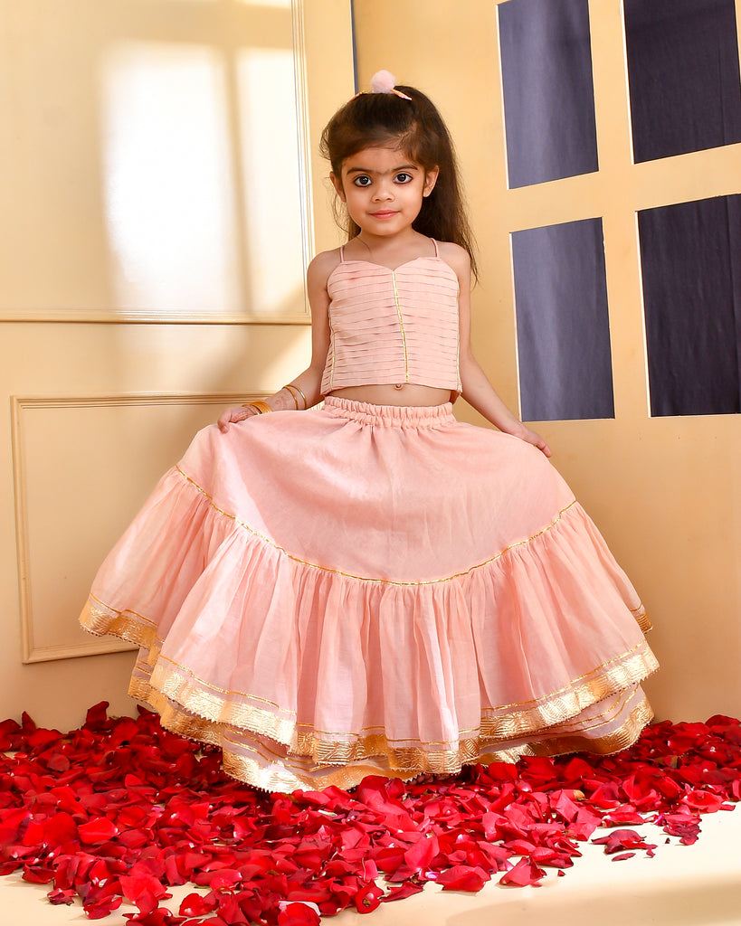 Girl's Powder Pink Chanderi Lehenga Set