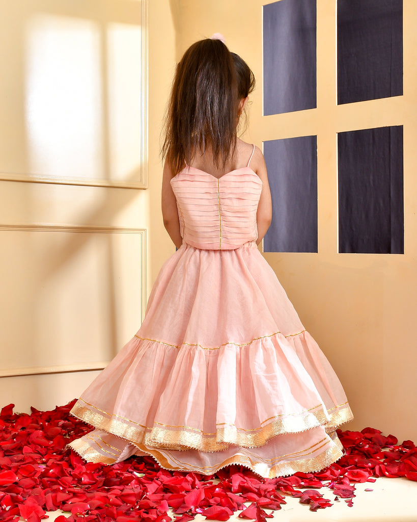 Girl's Powder Pink Chanderi Lehenga Set
