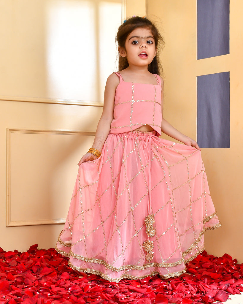 Girl's Peach Sequence Lehenga Set