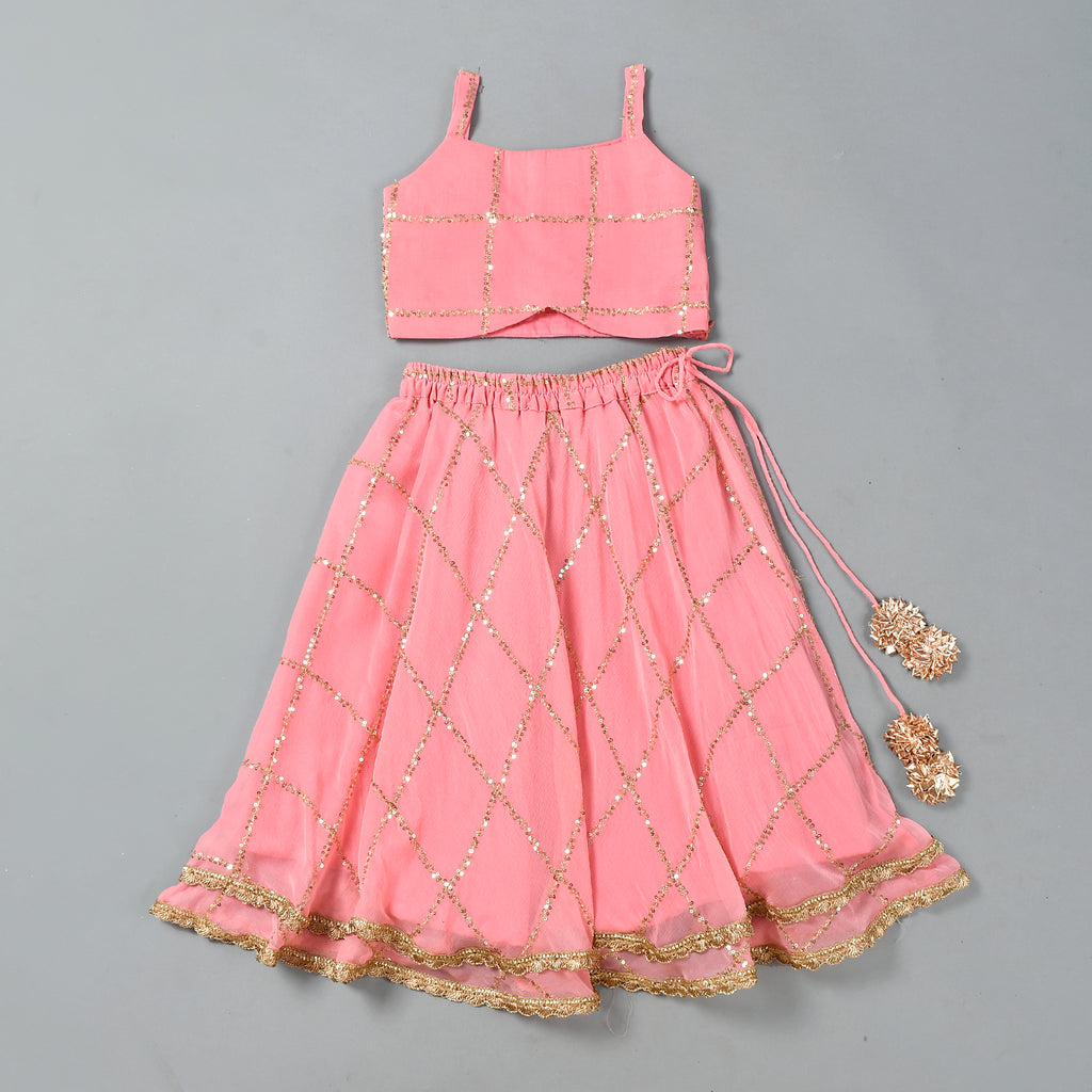 Girl's Peach Sequence Lehenga Set