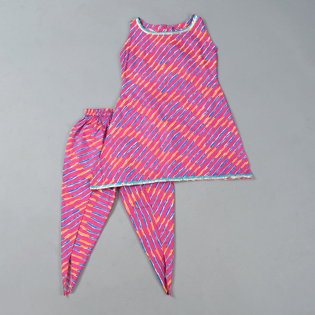 Girl's Pink Leheriya Kurta Dhoti Set