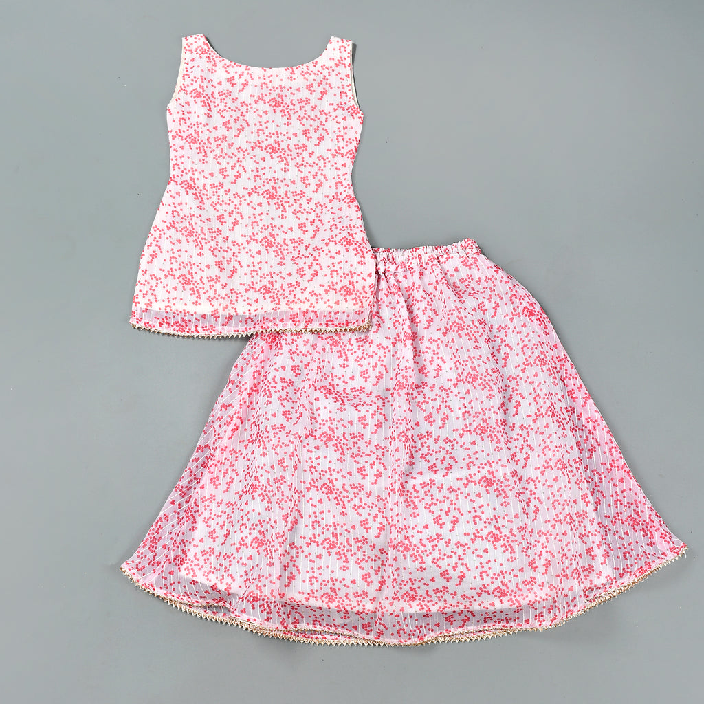Girl's Pink White Kurta and Skirt Set