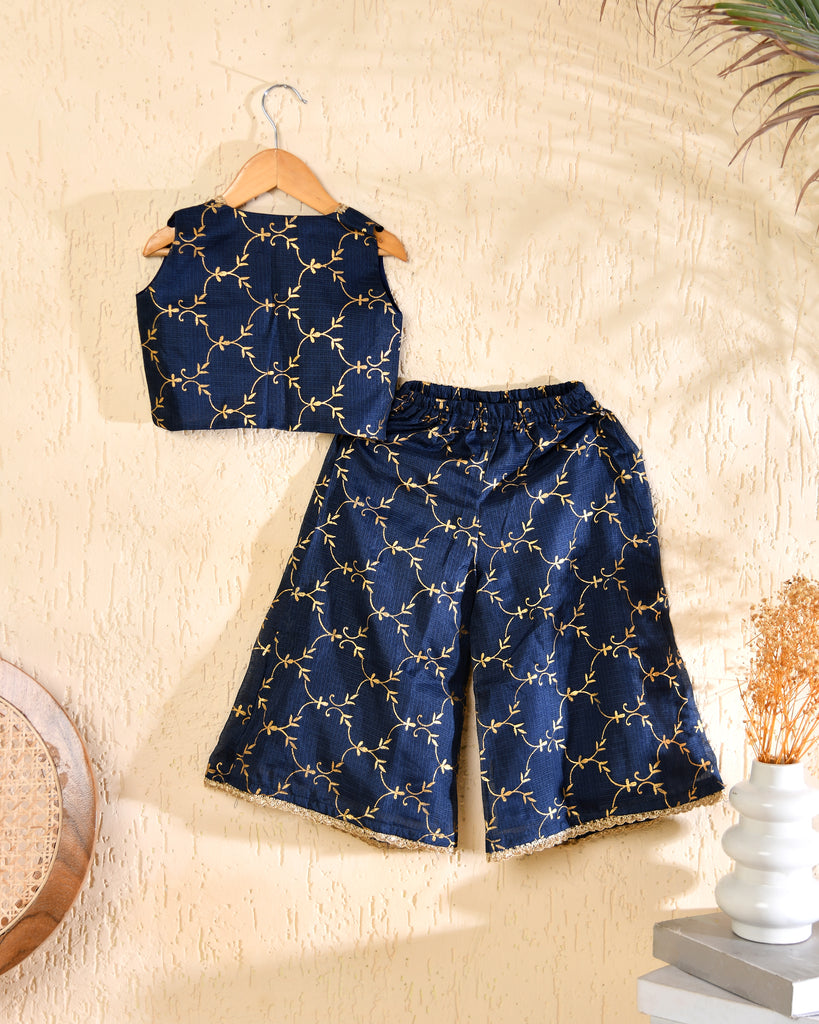 Girls Navy Blue Kota Block Print Kurta Set