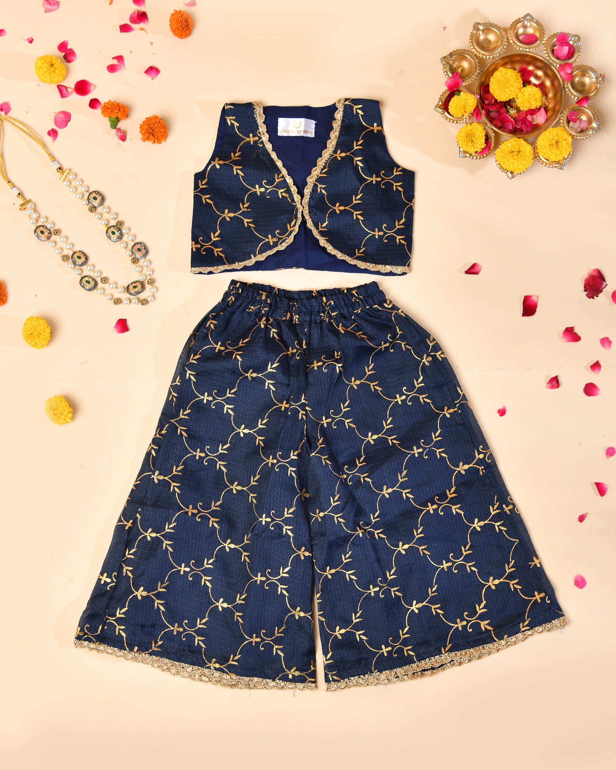 Girls Navy Blue Kota Block Print Kurta Set