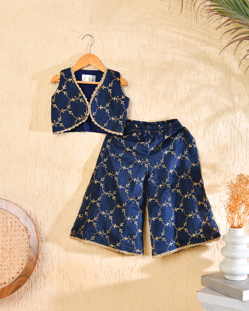 Girls Navy Blue Kota Block Print Kurta Set