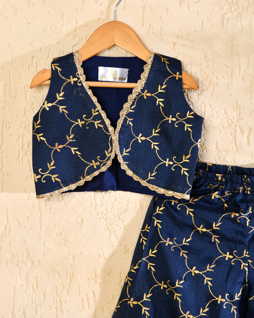 Girls Navy Blue Kota Block Print Kurta Set