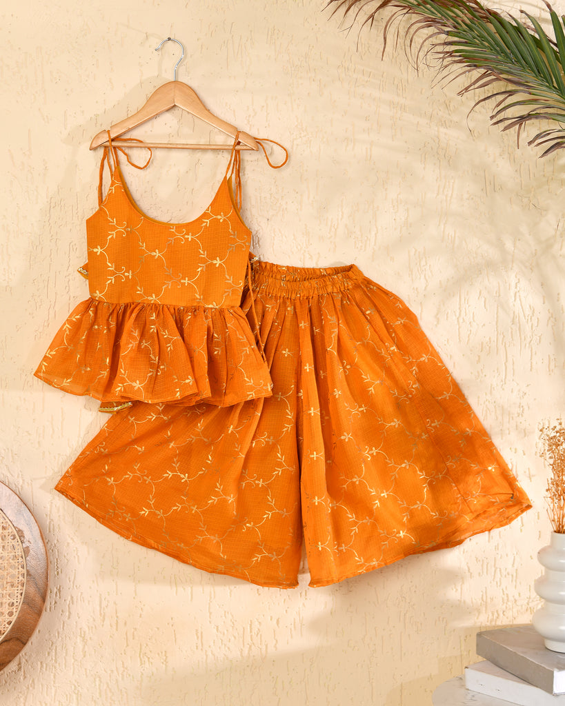 Girls Mustard Kota Hand Block Print Kurta Set