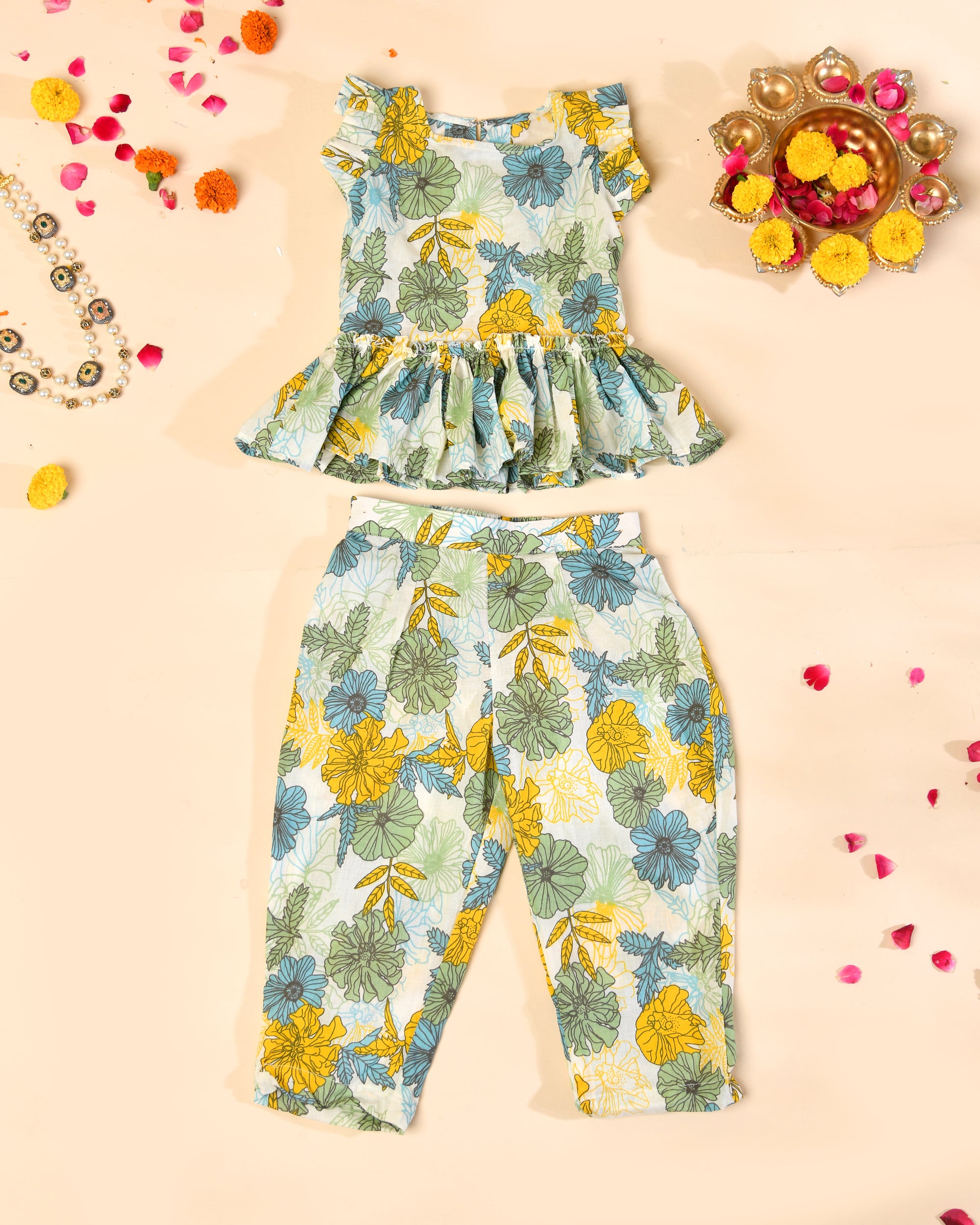 Girls White Cotton Hand Block Print Kurta Set