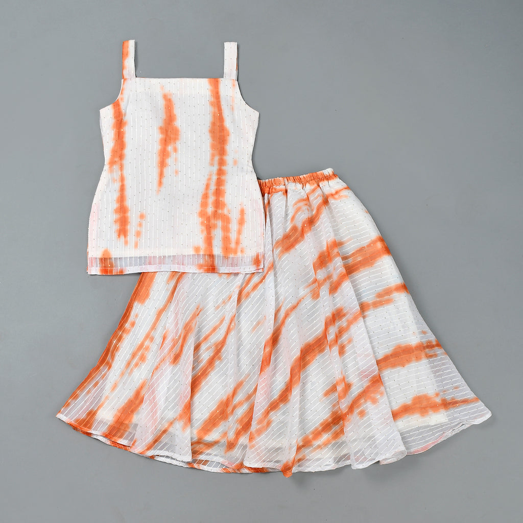 Girl's White Tie Dye Kurta Skirt Set